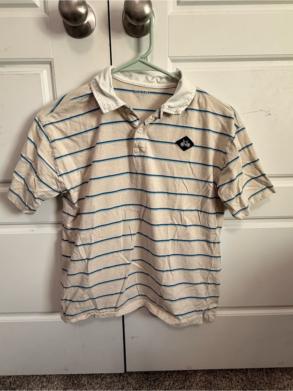 Old Navy boys Cream Polo with Thin Blue Stripes and Bike Patch